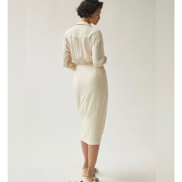 By Anthropologie V-Neck Knot Front Linen Midi Dress 6P Cream Minimalist Neutral - Picture 2 of 13